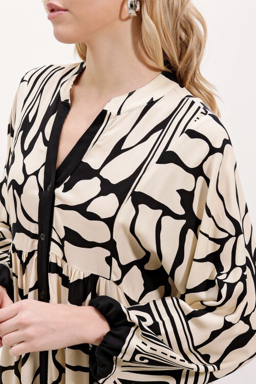 Merterium 2423 Otantik Desenli Tesettür Elbise - C.Siyah