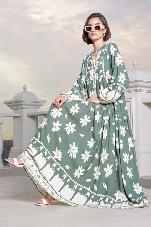 Merterium 2423 Otantik Desenli Tesettür Elbise - Çağla