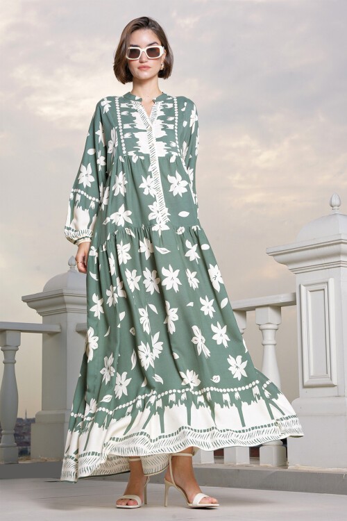 Merterium 2423 Otantik Desenli Tesettür Elbise - Çağla