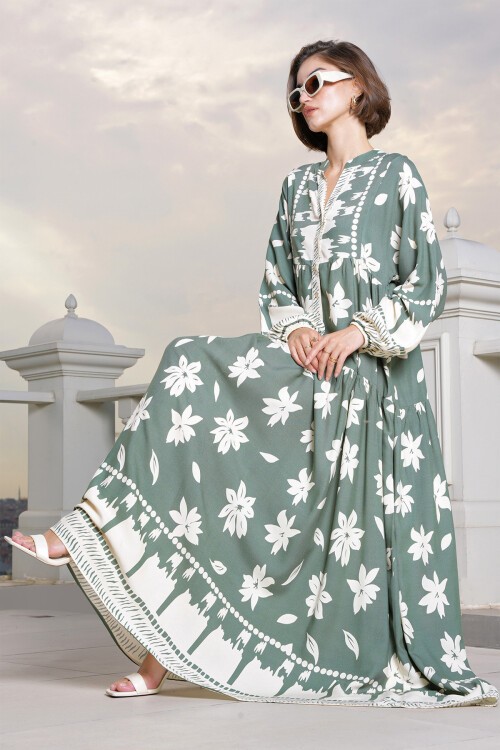 Merterium 2423 Otantik Desenli Tesettür Elbise - Çağla