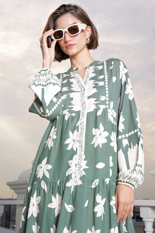 Merterium 2423 Otantik Desenli Tesettür Elbise - Çağla