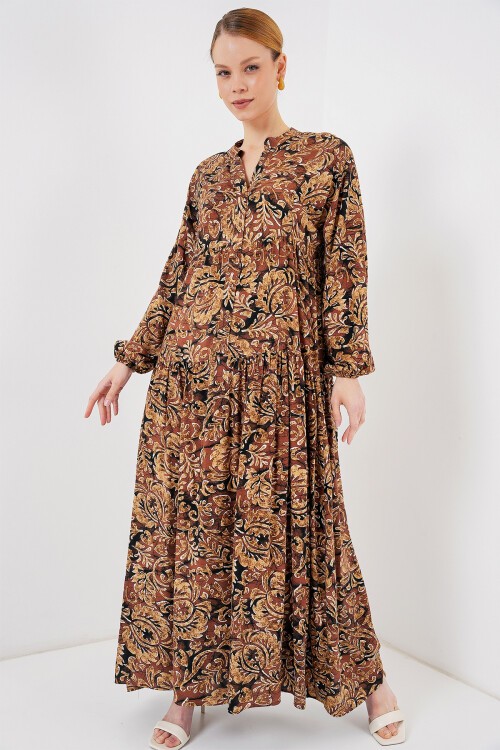 Merterium 2423 Otantik Desenli Tesettür Elbise - Camel