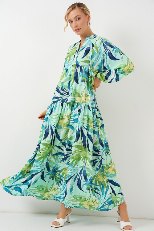 Merterium 2423 Otantik Desenli Tesettür Elbise - E.Mint