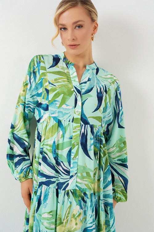 Merterium 2423 Otantik Desenli Tesettür Elbise - E.Mint