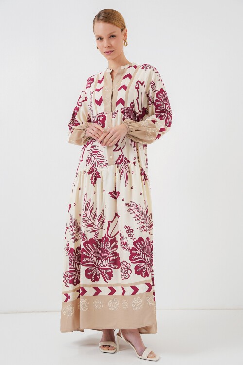 Merterium 2423 Otantik Desenli Tesettür Elbise - F. Fuşya