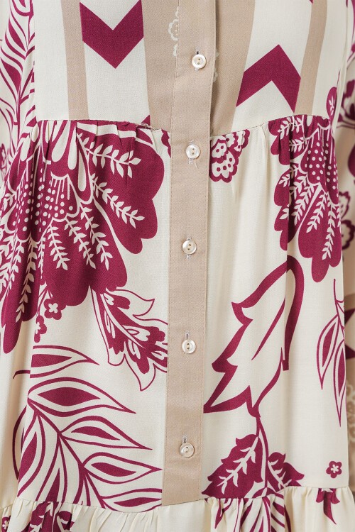 Merterium 2423 Otantik Desenli Tesettür Elbise - F. Fuşya