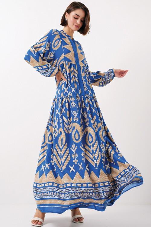 Merterium 2423 Otantik Desenli Tesettür Elbise - F.Mavi