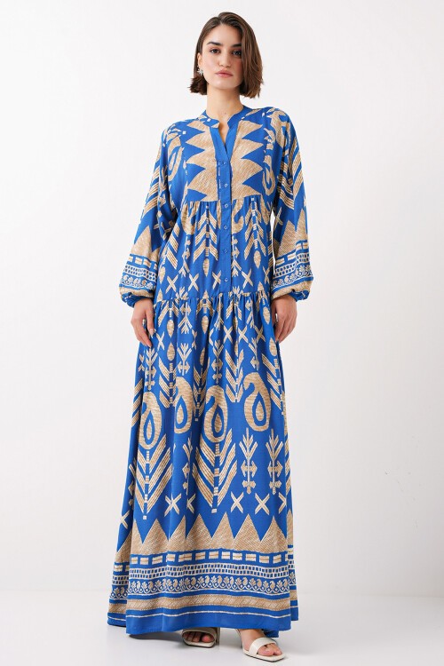 Merterium 2423 Otantik Desenli Tesettür Elbise - F.Mavi