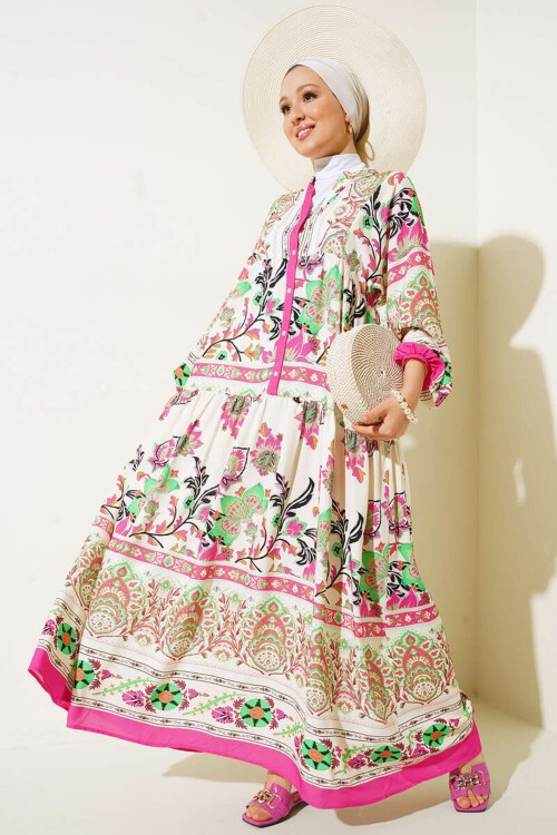 Merterium 2423 Otantik Desenli Tesettür Elbise - Fuşya