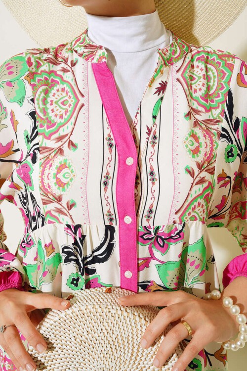 Merterium 2423 Otantik Desenli Tesettür Elbise - Fuşya