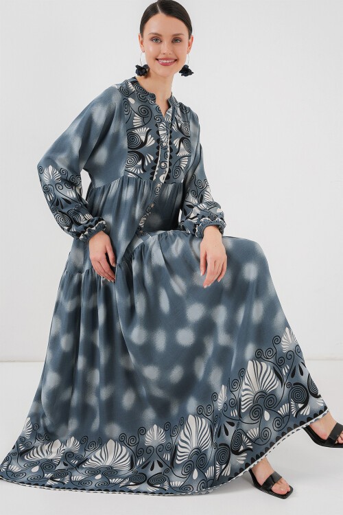 Merterium 2423 Otantik Desenli Tesettür Elbise - Gri