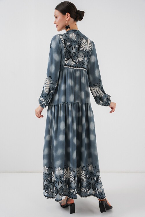 Merterium 2423 Otantik Desenli Tesettür Elbise - Gri