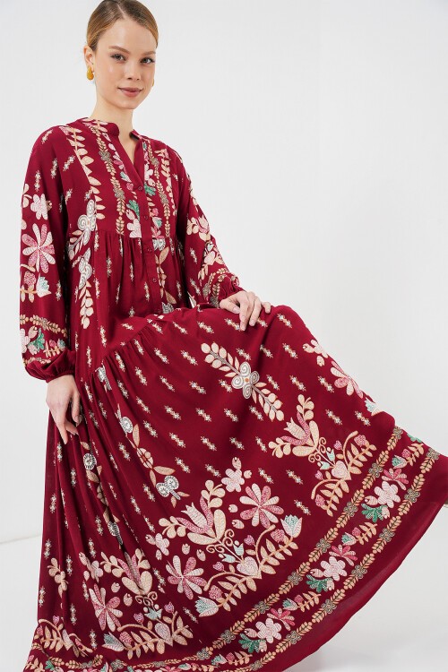 Merterium 2423 Otantik Desenli Tesettür Elbise - H. Bordo