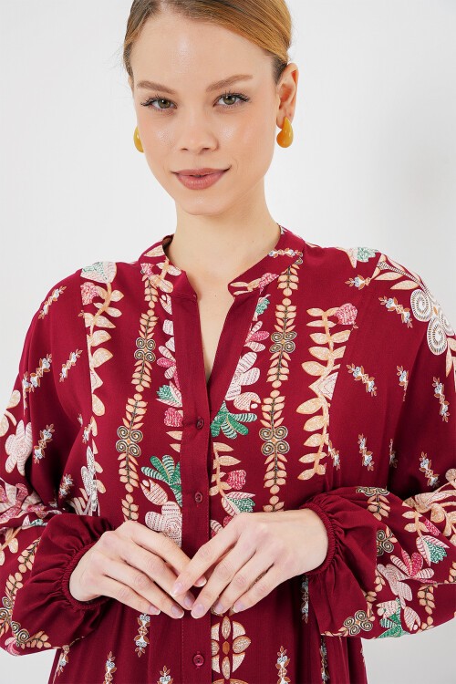 Merterium 2423 Otantik Desenli Tesettür Elbise - H. Bordo