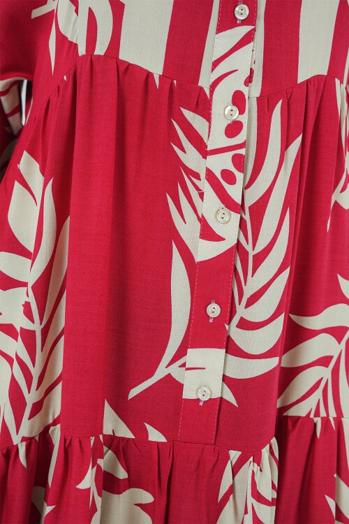 Merterium 2423 Otantik Desenli Tesettür Elbise - H. Kırmızı