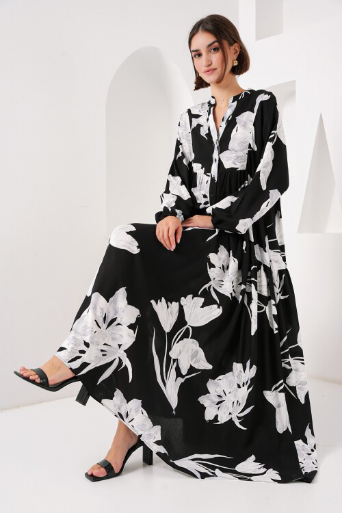 Merterium 2423 Otantik Desenli Tesettür Elbise - J. Siyah