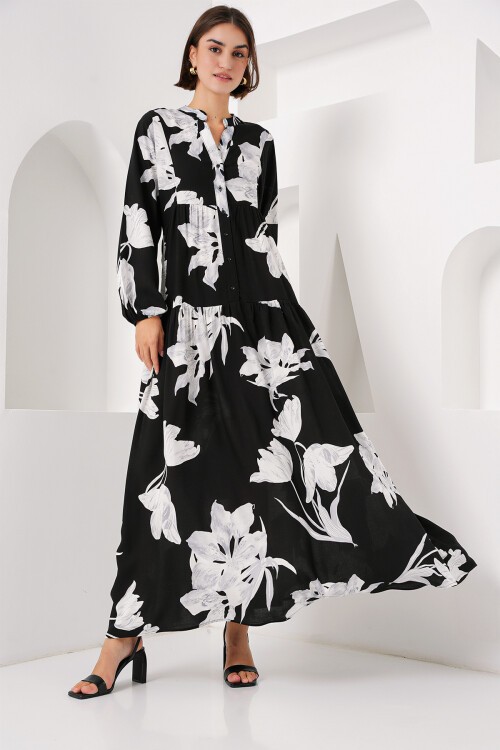 Merterium 2423 Otantik Desenli Tesettür Elbise - J. Siyah