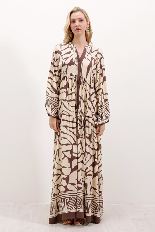 Merterium 2423 Otantik Desenli Tesettür Elbise - Kahverengi