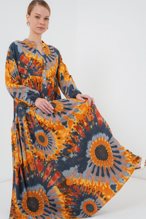 Merterium 2423 Otantik Desenli Tesettür Elbise - L. Turuncu