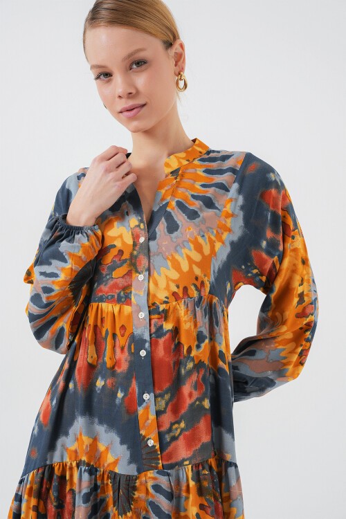 Merterium 2423 Otantik Desenli Tesettür Elbise - L. Turuncu