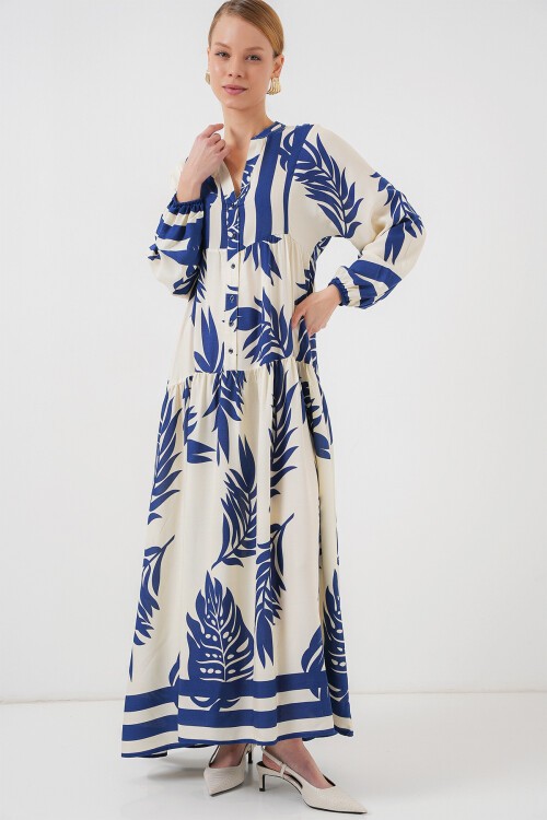 Merterium 2423 Otantik Desenli Tesettür Elbise - Lacivert 0