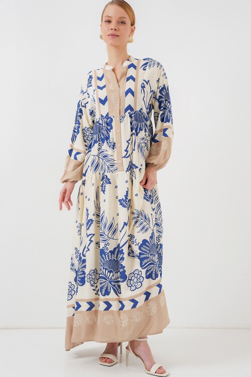 Merterium 2423 Otantik Desenli Tesettür Elbise - Lacivert 8