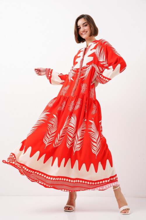 Merterium 2423 Otantik Desenli Tesettür Elbise - M. Kırmızı