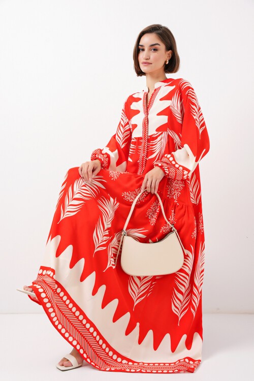 Merterium 2423 Otantik Desenli Tesettür Elbise - M. Kırmızı