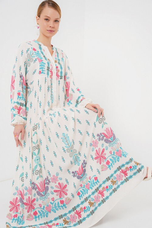 Merterium 2423 Otantik Desenli Tesettür Elbise - M. Mavi