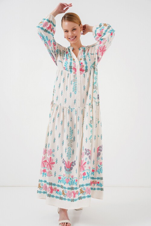 Merterium 2423 Otantik Desenli Tesettür Elbise - M. Mavi