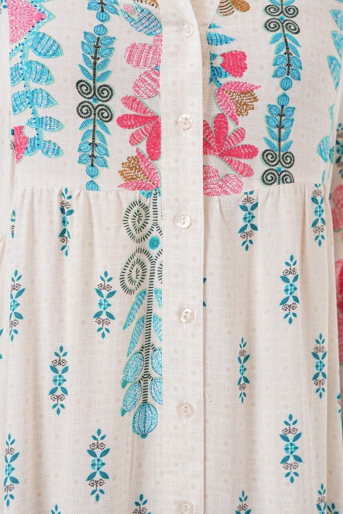 Merterium 2423 Otantik Desenli Tesettür Elbise - M. Mavi