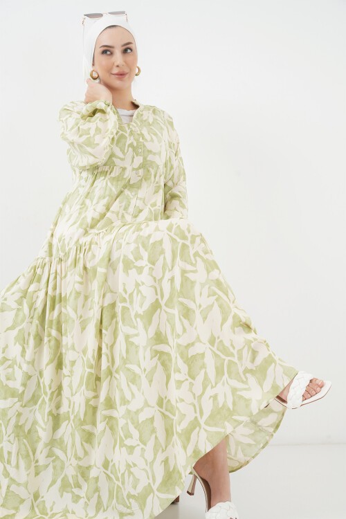 Merterium 2423 Otantik Desenli Tesettür Elbise - N. Yeşil