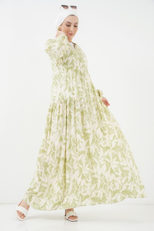 Merterium 2423 Otantik Desenli Tesettür Elbise - N. Yeşil