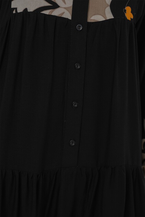 Merterium 2423 Otantik Desenli Tesettür Elbise - Siyah 6