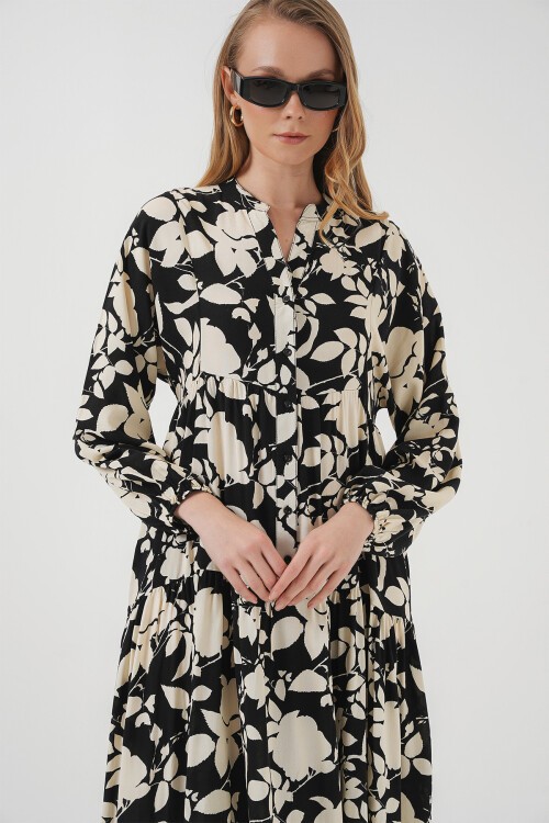 Merterium 2423 Otantik Desenli Tesettür Elbise - Siyah - Beyaz1