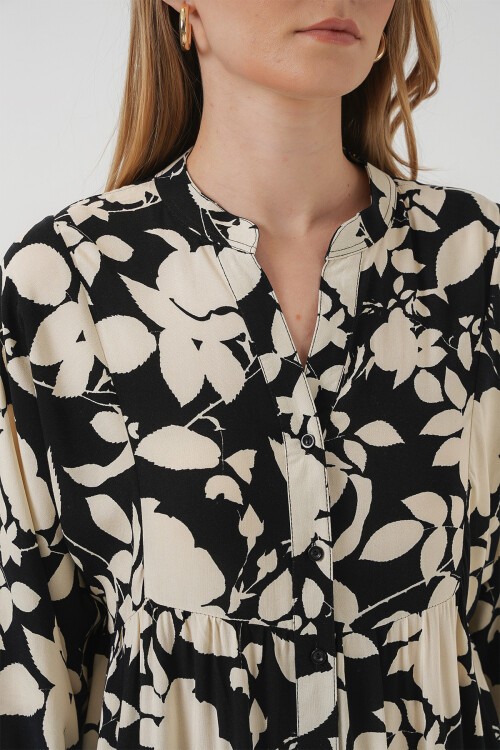 Merterium 2423 Otantik Desenli Tesettür Elbise - Siyah - Beyaz1