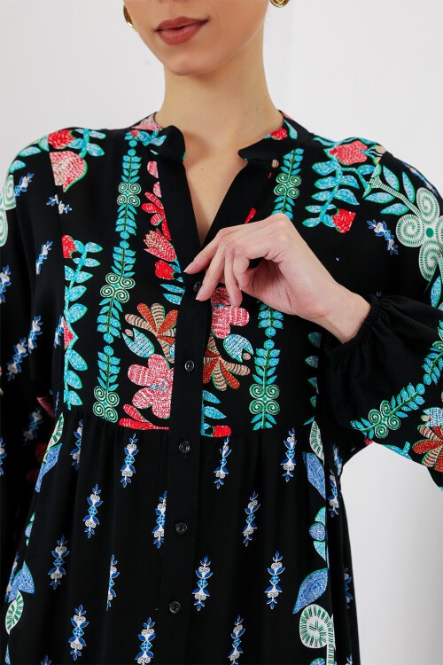 Merterium 2423 Otantik Desenli Tesettür Elbise - Siyah -  Mint