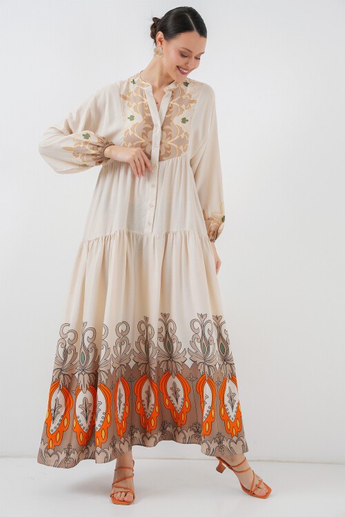 Merterium 2423 Otantik Desenli Tesettür Elbise - T. Ekru