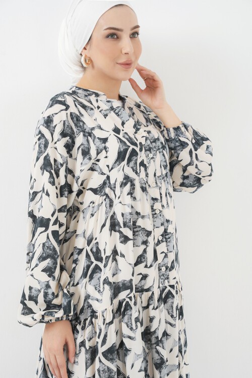 Merterium 2423 Otantik Desenli Tesettür Elbise - V. Antrasit