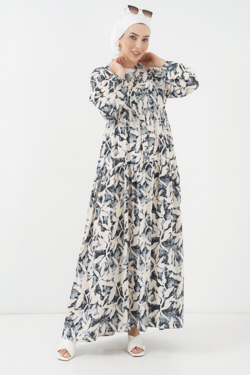 Merterium 2423 Otantik Desenli Tesettür Elbise - V. Antrasit