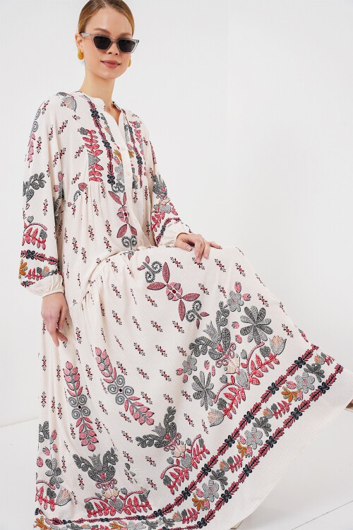 Merterium 2423 Otantik Desenli Tesettür Elbise - Z. Kırmızı