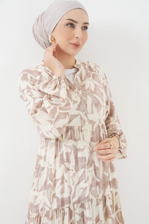 Merterium 2423 Otantik Desenli Tesettür Elbise - Z.Bej
