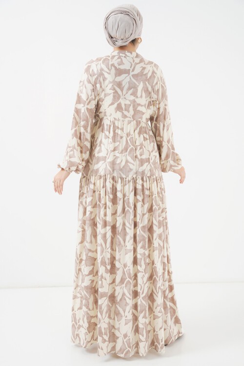 Merterium 2423 Otantik Desenli Tesettür Elbise - Z.Bej