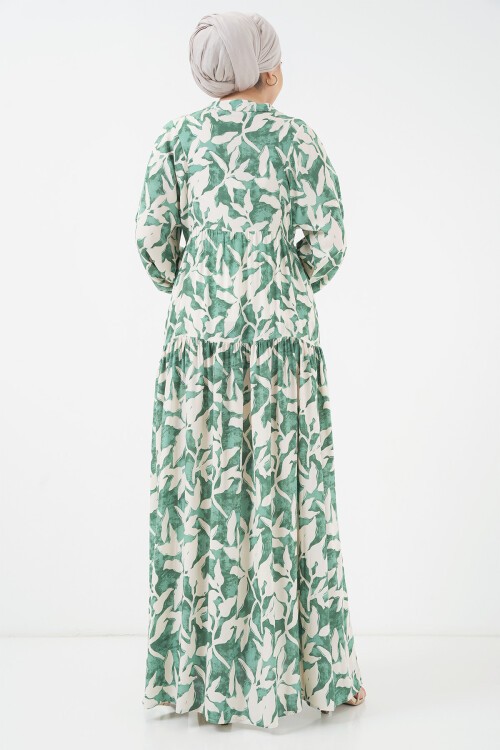Merterium 2423 Otantik Desenli Tesettür Elbise - Z.Yeşil