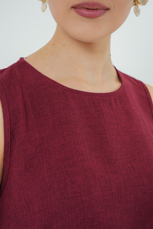 2444 Mini Keten Elbise - Bordo