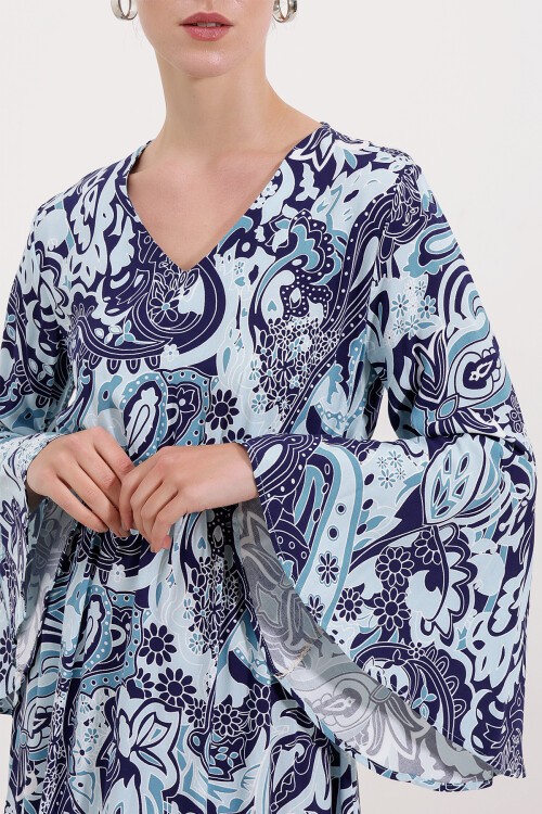 Merterium 2454 Desenli Uzun Elbise - Lacivert