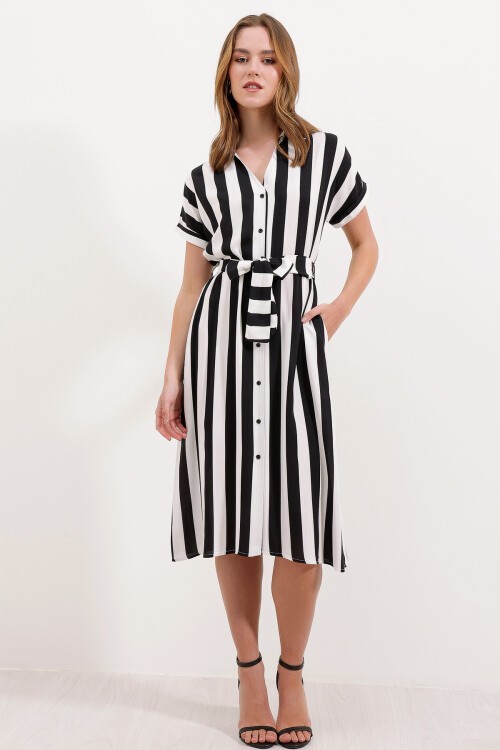 Merterium 2456 Çizgili Gömlek Elbise - Siyah