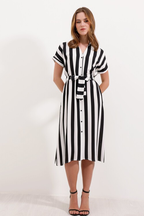 Merterium 2456 Çizgili Gömlek Elbise - Siyah