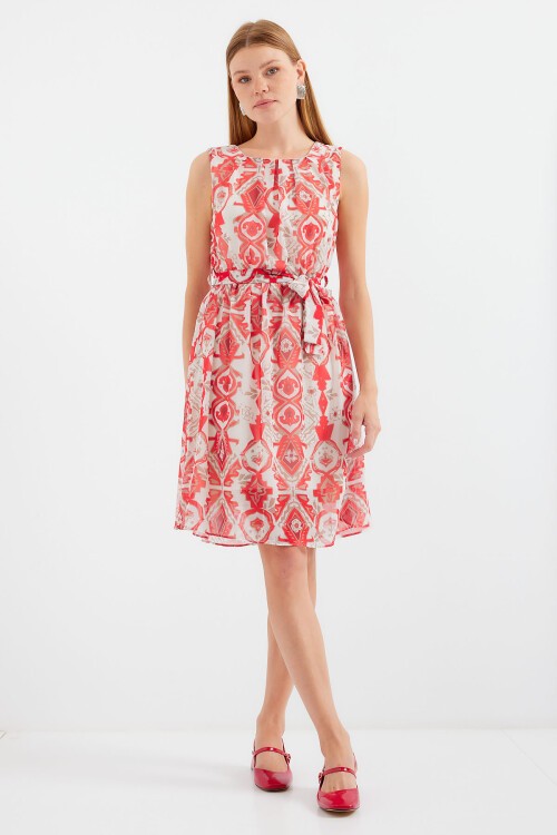 2501 Desenli Sıfır Kol Şifon Elbise - Kırmızı