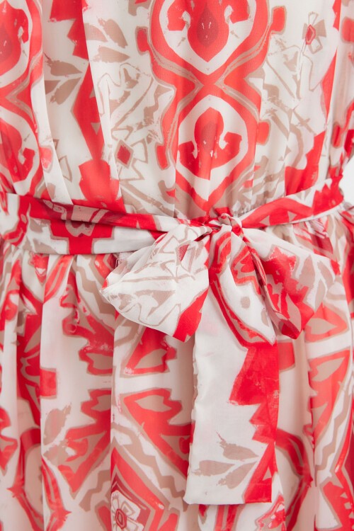 2501 Desenli Sıfır Kol Şifon Elbise - Kırmızı